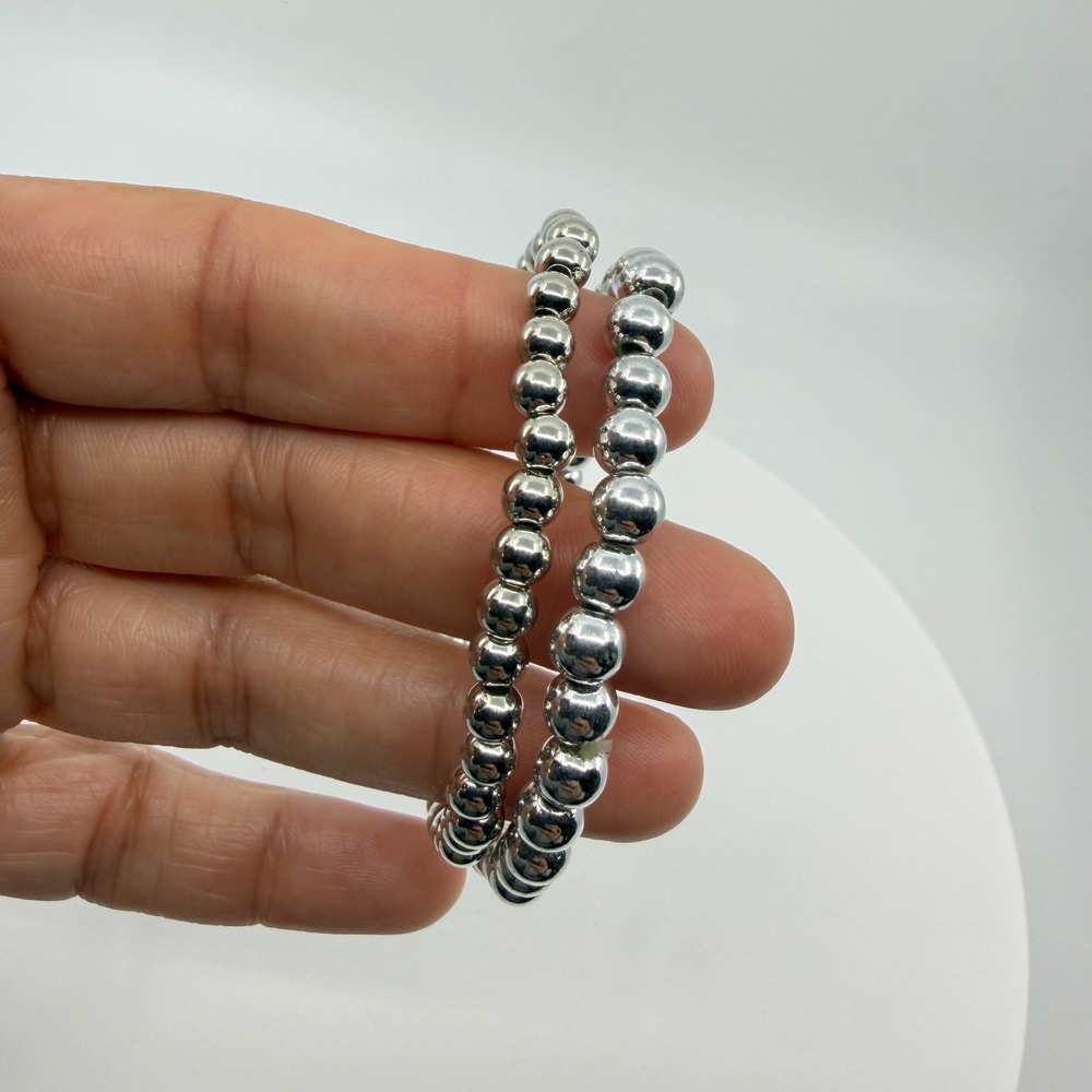 Minimalist Silver Beaded Stretch Bracelet Stack - Sleek Polished Jewelry